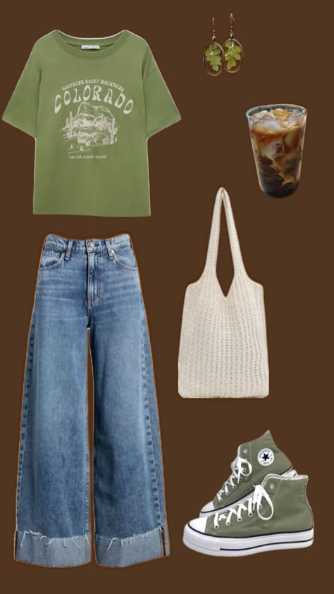 #outfit #green #casual #converse #aesthetic #style #cute #fashion #clothing #granolagirl #granola #adventure #collage #coffee #outfitcollage Cool And Casual Outfits, Mint Green Converse Outfit, Olive Green Clothes Aesthetic, Granola Casual Outfits, Noah Kahan Inspired Outfit, Cute California Outfits, Punk Skater Outfits, Soft Boho Aesthetic Outfits, Crunchy Granola Outfits