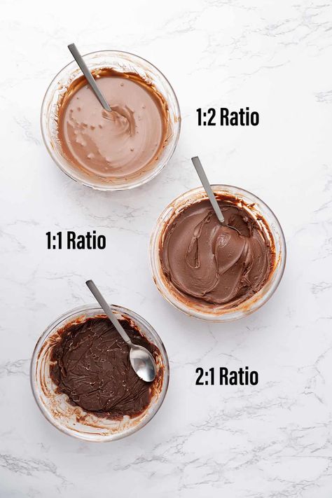 3 bowls with different chocolate ganache ratios. Best Ganache Recipe, Different Ganache Recipes, Best Chocolate Ganache Recipe, Creamy Ganache Recipe, Water Ganache Recipe, Milk Chocolate Ganache Recipe, Chocolate Filling Ideas, Thick Ganache Recipe, Cinnamon Ganache Recipe