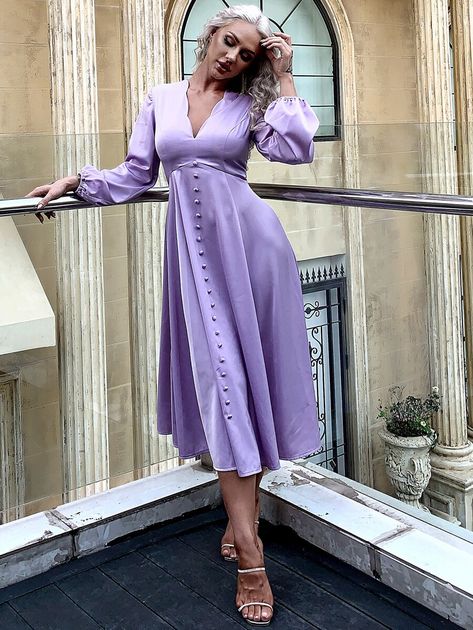 Button Front Satin Dress | SHEIN USA Tlc Fashion, Outfits Juveniles, Frock Models, Patterned Dresses, Style Uniform, Clothes To Sew, Lavender Aesthetic, Tea Length Wedding, Office Dresses For Women