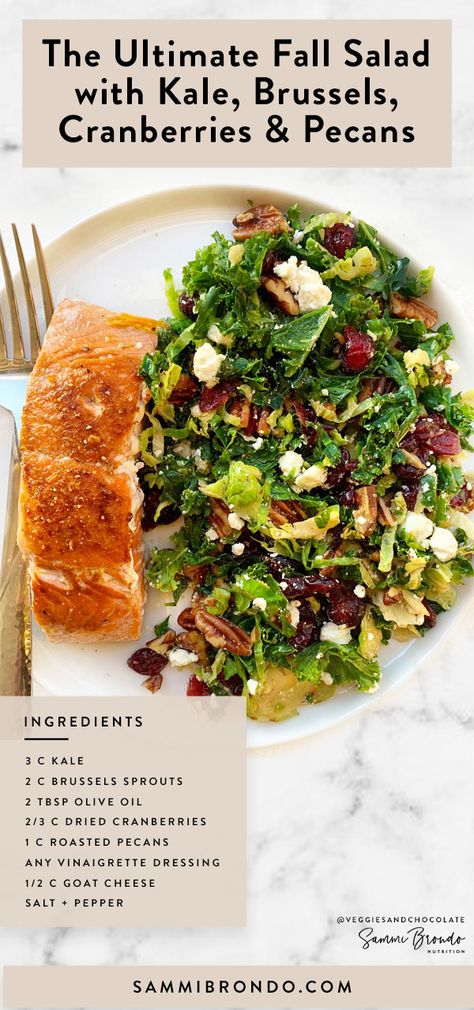 Kale And Brussel Sprouts, Winter Salmon Salad, Kale And Brussels Sprout Salad, Kale Salad With Salmon, Fall Salmon Salad, Salmon Goat Cheese Salad, Salad To Go With Salmon, Cyclical Eating, Salmon Brussel Sprouts