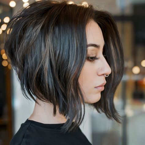 27%20Coolest%20Ways%20to%20Get%20an%20Angled%20Bob%20with%20Layers Asymmetrical Aline Bob, Drastic A Line Haircut, Reverse Angle Bob, Asymmetrical Angled Bob, Angled Bob For Thick Hair, Medium Angled Bob, A Line Bob Medium, Short Angled Bob Haircut, Angled Bob With Bangs