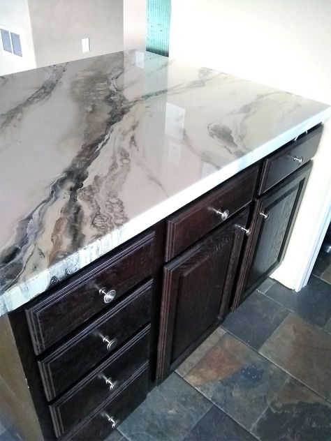 Epoxy Countertop Ideas, Vintage Glam Bathroom, Faux Marble Countertop, Epoxy Countertops, Diy Kitchen Countertops, Resin Countertops, Epoxy Countertop, Brown Cabinets, Kitchen Remodel Inspiration