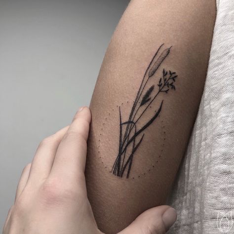 Reed Tattoo . Handpoke Hamburg by Kokosmaedchen Reed Tattoo Simple, Reed Grass Tattoo, Cat Tail Tattoo Plant, Hand Poke Flower Tattoo, Reed Tattoo Design, Wetland Tattoo, Sea Grass Tattoo, Cattails Tattoo, Reeds Tattoo