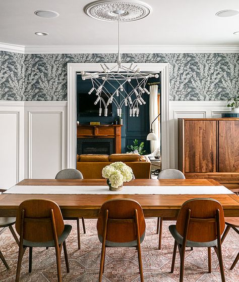 Modern Victorian Dining Room, Narragansett Green, Renovation Husbands, Victorian Dining Room, Rebecca Atwood Wallpaper, Dining Room Victorian, Dining Room Renovation, Accent Wall Ideas, Dining Room Wallpaper