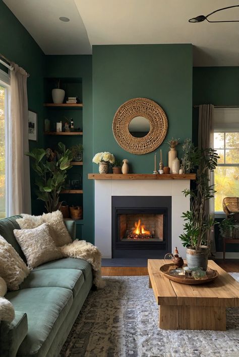 coastal living room design, boho decor, cozy fireplace design, home renovation, cottage style decor, beach house interior, rustic chic design Cozy Living Rooms Fireplace, Cottage Aesthetic Interior Living Room, Living Room Inspo With Fireplace, Fireplace Boho Decor, Turquoise And Green Living Room, Lounge Wall Colour Ideas, Small Living Room Ideas Fireplace, Teal Boho Living Room, Cozy Living Room Designs Color Schemes