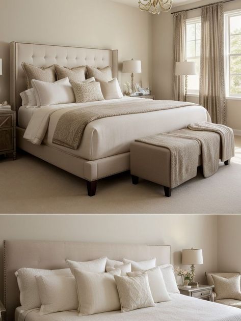 Create a luxurious and inviting look by arranging a variety of decorative pillows on your king-sized bed. Mix and match different textures and patterns to add visual interest and depth to your bedroom decor. King Size Bed Pillow Arrangement, King Bed Pillow Arrangement, King Bed Pillow, Bed Pillow Arrangement, King Size Pillow, Pillow Arrangement, King Size Pillows, Bed Pillow, Room Design Bedroom