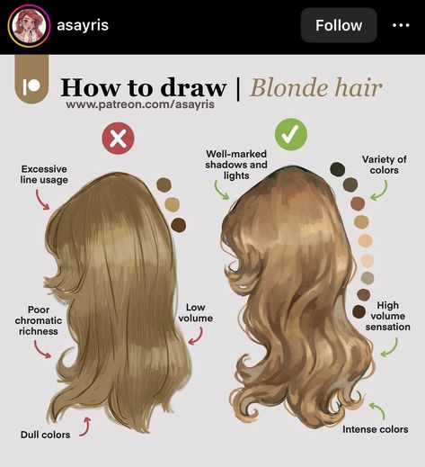 Drawing Textured Hair, How To Draw Blonde Hair, Inspo Drawing, Art Fundamentals, الفن الرقمي, Art Advice, Coloring Tips, Digital Art Beginner, Art Tools Drawing