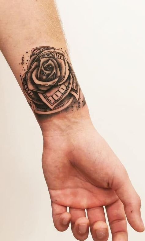 Small Sized Tattoos For Guys, Small Money Tattoo Ideas For Men, New Trend Tattoo For Men, Unique Tattoo Designs Sleeve For Men, Front Wrist Tattoos Men, Boss Tattoo For Men, Small Men Hand Tattoos, Money Rose Tattoo For Men, Men’s Tats