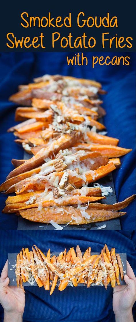 Loaded Sweet Potato Fries, Chip Alternative, Garlic Yogurt Sauce, Garlic Yogurt, Baked Sweet Potato Fries, Histamine Intolerance, Loaded Sweet Potato, Champagne Taste, Smoked Gouda