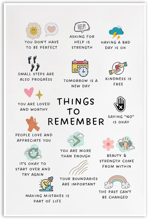 Amazon.com: Things to Remember | Therapy Office Decor School Counselor CBT DBT Therapy Counseling Poster Anxiety Relief Social Psychology Mental Health 16X24 inch Unframed : Office Products Counseling Grad School, Mental Health Booth Ideas, Guidance Office Decor, Middle School Counselor Office Decor, Mental Health Activity Ideas High School, School Psychologist Office Decorations, High School Counselor Office Decor, College Office Decor, School Social Work Office Decorations