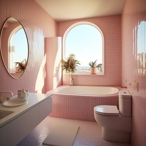 80s-house-interior-decor Modern Pink Interior, Dopamine Decor Bathroom, Bathroom 80s, 80s House Decor, 80s Modern Home Decor, 80s House Interior, Celebrity Bathrooms, Pink Beach House, 80s Bathroom