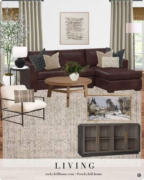 Dark Couch Inspiration, Neutral Living Room Brown Leather Couch, Brown Sectional With Coffee Table, Black White Brown Decor Living Room, Rugs In Living Room Leather Couch, Brown Couch Sectional, Rugs With Tan Leather Couch, Living Room Mood Board Leather Couch, Brown Couch In Living Room