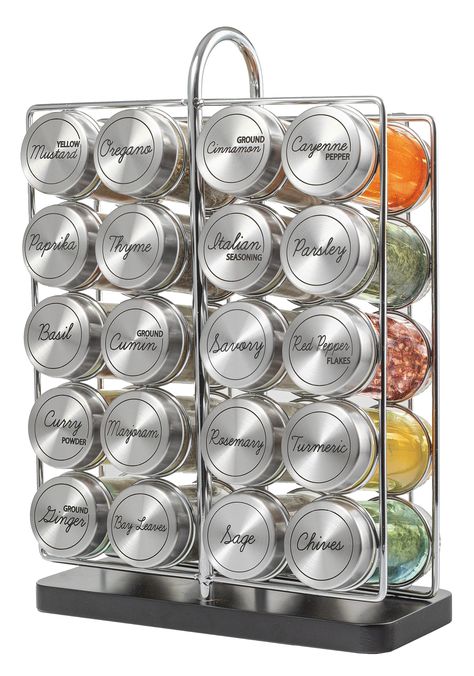 PRICES MAY VARY. Superior Quality: Crafted with quality materials for long-lasting looks and performance. Features: 20 jars spice rack set. Stainless Steel accent caps. Versatile Design: Accommodates majority spice jars. Filled with premium spices. Free spice refills for 5 years, S/H payable - US continental customers only. Spices and Herbs Included: Basil, Bay Leaves, Cayenne Pepper, Chives, Cinnamon Powder, Curry Powder, Ground Cumin, Ground Ginger, Italian Seasoning, Marjoram, Oregano, Paprik Spice Rack Organization, Countertop Spice Rack, Rotating Spice Rack, Premium Spices, Organizer For Kitchen, Shelf Holder, Shelf Holders, Kitchen Spices, Clear Glass Jars