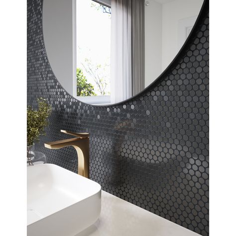 Speed tiles 12'' W x 11.97'' L Metal Peel and Stick Mosaic Tile | Wayfair Mosaic Tile Backsplash Bathroom, Large White Tiles, Penny Tiles Bathroom, Tile For Wall, Black Tile Bathrooms, Patterned Wall Tiles, Exterior Tiles, Apartment Vibes, Penny Round Tiles