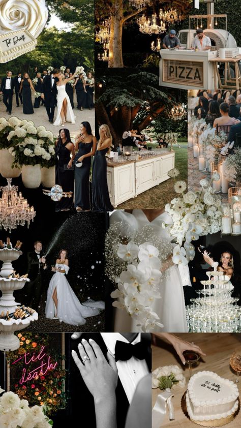 Classy And Elegant Wedding Decor, European Romantic Wedding, Black Tie Wedding Palette, Different Wedding Vibes, Classy Wedding Mood Board, Classic Black Tie Wedding Decor, Rat Pack Wedding Theme, Wedding Family Color Scheme, Black Tie Wedding Italy