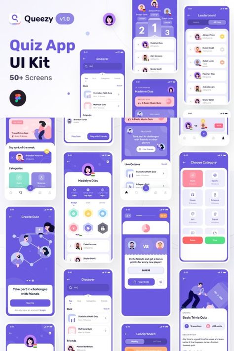 Queezy - Quiz App UI Kit, #Kit, #ADVERTISEMENT, #UI, #App, #Quiz, #Queezy, #ad Quiz App Design, Quiz App Ui Design, Quiz App Ui, Design Quiz, Website Design Inspiration Business, Trivia App, App User Interface, Notion Ideas, Quiz Design