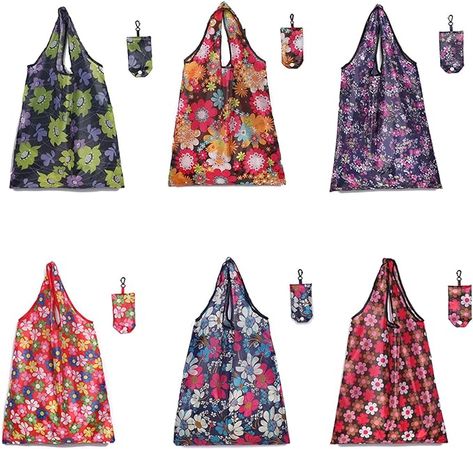 Amazon.com - Elephant-package 6 Pcs Foldable Shopping Bags with Hook- Washable- Reusable Grocery Bags with Pouch Tote Bags (Cute Flower Design) Folding Shopping Bags, Grocery Tote Bag, Toy Storage Bags, Grocery Shopping Bags, Grocery Tote, Portable Bag, Beach Toys, Pattern Flower, Eco Bag