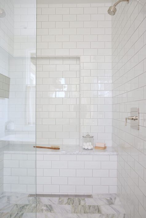 white subway tile trend White Shower Tile, White Subway Tile Shower, White Subway Tile Bathroom, Subway Tile Design, White Tile Shower, Subway Tile Showers, Collected Interiors, Subway Tiles Bathroom, White Bathroom Tiles