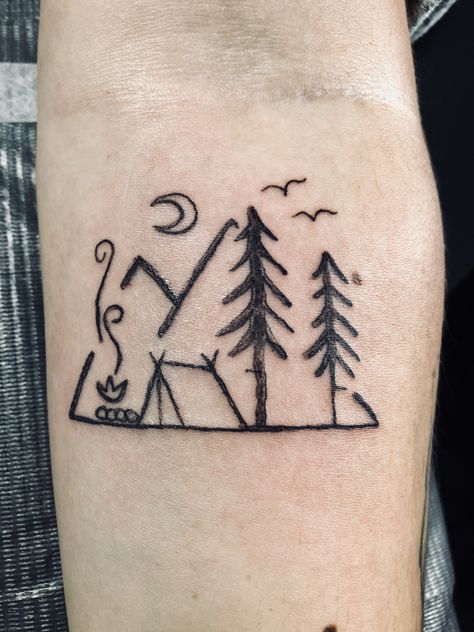 Camp Scene Tattoo, Forest Camping Tattoo, Matching Camping Tattoo, Camping Scene Tattoo, Simple Camping Tattoo, Backpacking Tattoo, Hiker Tattoo, Camping Tattoo Ideas, Camp Tattoo