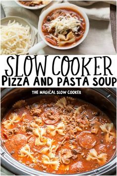 Slow Cooker Pizza and Pasta Soup is a meal your whole family will love! This Hearty Soup has pizza supreme flavors with bow-tie pasta and even better that this meal is a freezer meal friendly! Slow Cooker Pizza Soup, Crockpot Pizza Soup Recipes, Crockpot Pasta Soup Recipes, Pizza Soup Crockpot, Crockpot Pizza Soup, Fall Freezer Meals, Pizza Supreme, Slow Cooker Pizza, Pizza Soup Recipe