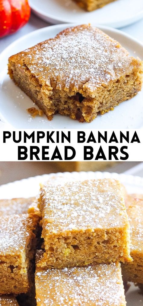 Pumpkin Banana Bars With Cream Cheese Frosting, Baked Goods With Pumpkin Puree, Fall Recipes With Bananas, Breakfast Pumpkin Bars, Banana Pumpkin Healthy Recipes, Banana Fall Desserts, Pumpkin Banana Oatmeal Bars, Pumpkin Banana Dessert, Banana Fall Recipes