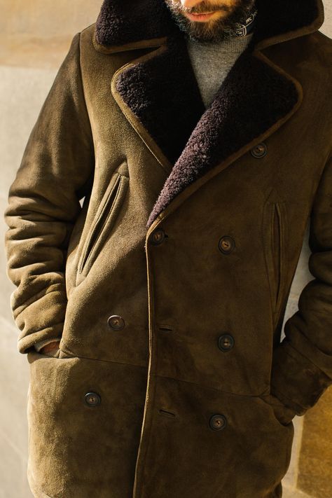 Cromford Leather and Permanent Style's collaboration luxury shearling coat Luxury Fitted Sheepskin Outerwear, Sheepskin Coat Mens, Rugged Sheepskin Outerwear, Mens Shearling Coat, Brown Sheepskin Aviator Outerwear, Rugged Brown Shearling Outerwear, Luxury Men's Shearling Leather Jacket, Mens Vans Shoes, Sheepskin Throw