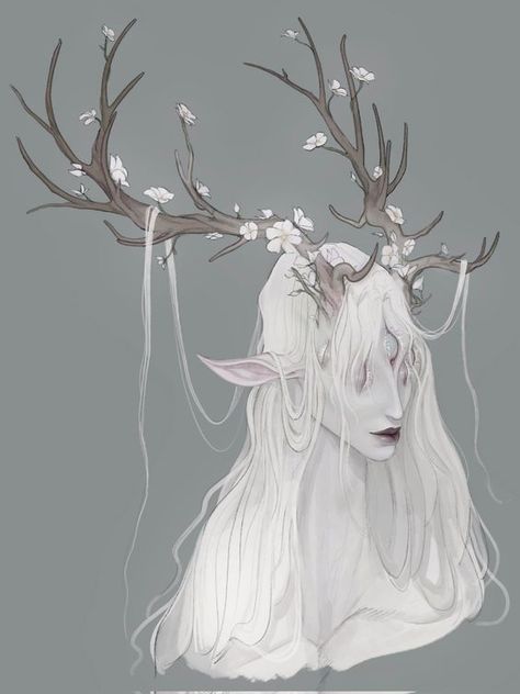 Antler Tiefling, Antler Character Design, Anime Antlers, Human Hybrid Character Design, Fantasy Antlers, Albino Character Design, Horns With Flowers, Angel With Horns, Fae Character Design