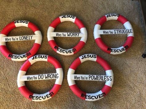 Diy Life Saver Ring, Vbs Beach Theme Decorations, Popsicle Stick Nativity, Breaker Rock Beach Vbs 2024 Crafts, Ocean Vbs Decorations, Pirate Vbs, Vbs Shipwrecked, Vbs Ocean Theme, Shipwrecked Vbs