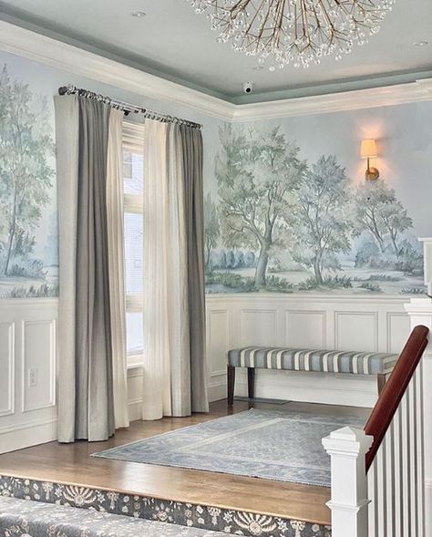 Wallpaper Mural With Wainscoting, Landscape Wallpaper Bathroom, Susan Harter, Large Wall Paper Tree, Landscape Mural Wallpaper Dining Room, Blue Mural, Light Blue Mural Wallpaper, Elegant Foyer, Foyer With Stairs