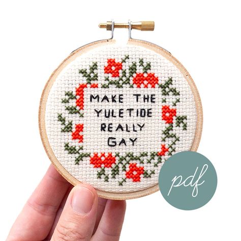 Make the Yuletide Really Gay, Modern Cross Stitch Pattern, PDF Only - Etsy Bright Wreath, Wood Embroidery, Funny Embroidery, Embroidery Funny, Funny Cross Stitch Patterns, Subversive Cross Stitch, Ornament Design, Cross Stitch Funny, Crochet Cross