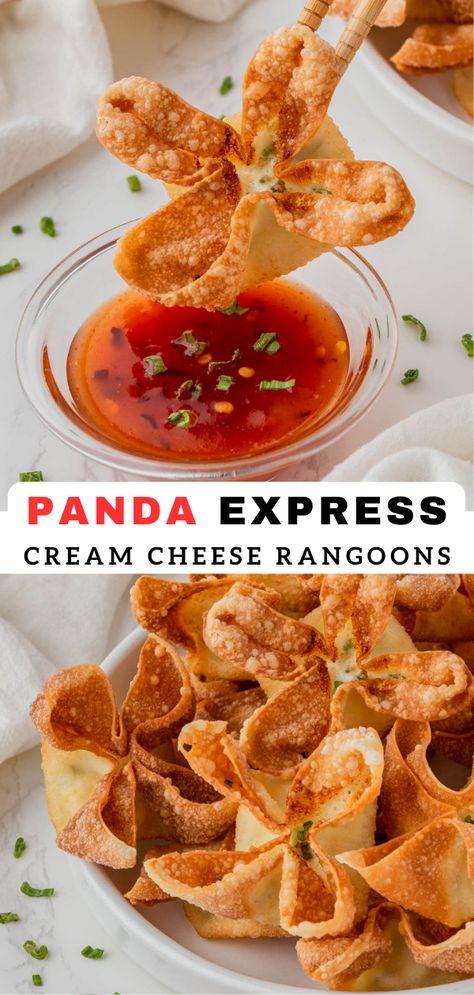 This easy Copycat Panda Express Cream Cheese Rangoons recipe is crunchy on the side and creamy on the inside, and you only need five ingredients. Perfect for game day, date night, or just a quick appetizer during the day. Rangoon Recipe Cream Cheese, Rangoons Recipe, Cheese Rangoon Recipe, Cheese Rangoons, Cream Cheese Rangoons, Copycat Panda Express, Panda Express Recipes, Chinese Appetizers, Kfc Chicken Recipe