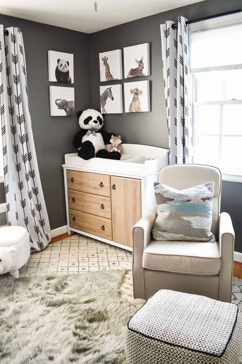 Panda Nursery Theme, White Baby Room, Gray And White Nursery, Baby Nursery Ideas Neutral Grey, Neutral Boy Nursery, Small Room Nursery, Charlotte Smith, Nursery Color Scheme, Grey Nursery Boy