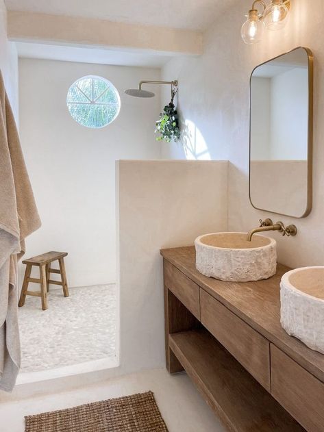 10 Updates To Transform Your Bathroom This Year Beach Toilet Ideas, Small Mediterranean Bathroom, Wooden House Bathroom, Bathroom Sink Ideas, Tulum Restroom Design, Japandi Bathroom Sink, Matural Wood Bathroom Vanity, Wabi Sabi Sink Bathroom, Cabana Bathroom