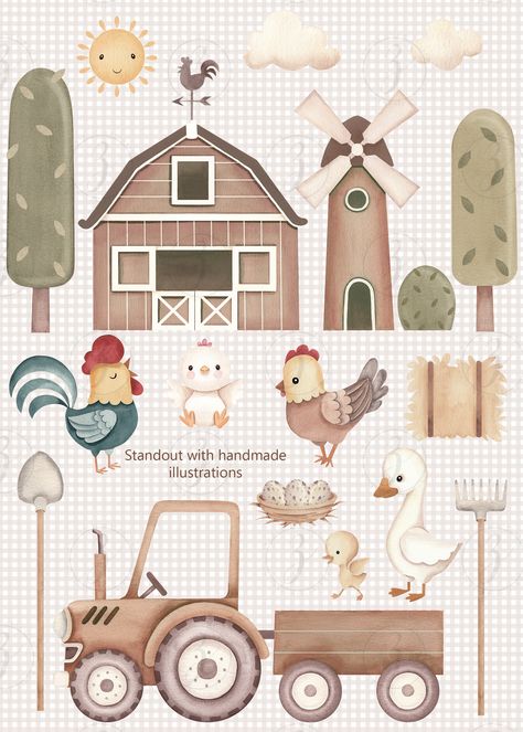 This Watercolor 'FARM LIFE ' set includes "More than Forty hand painted watercolor elements AND THE background gingham pattern." Baby Room Artwork, Farm Background, Fall 1st Birthdays, Farm Animal Paintings, Watercolor Farm, Farm Cookies, Farm Themed Party, Farm Animal Party, Watercolor Elements