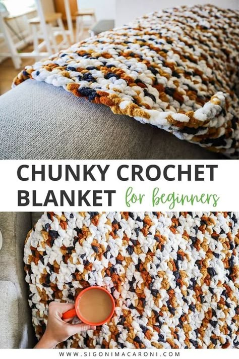 Chunky Crochet Blanket for Beginners | Free Crochet Pattern via @sigonimacaronii Crochet Patterns Blanket Beginner, Chunky Yarn Afghan Free Patterns, Easy Soft Crochet Blanket, Crochet Blanket Patterns Fast, Crochet Patterns Blanket Yarn, Bulky Weight Yarn Crochet Blanket Patterns, 2 Hour Crochet Blanket, Bernat Blanket Crochet Blanket Patterns, Fast And Easy Crochet Blanket Free Pattern