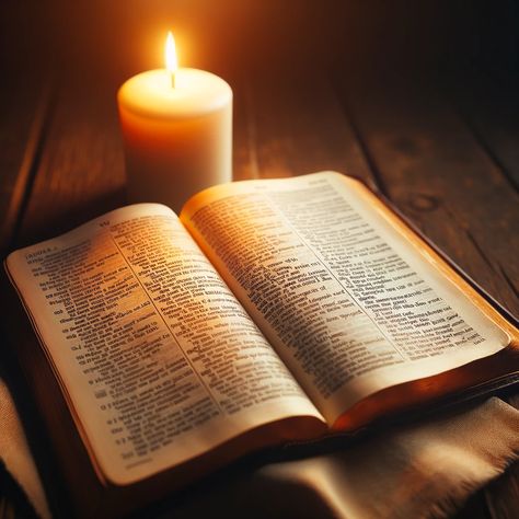 An open Bible on a wooden table, with its pages open to the Gospel of John. Beside the Bible, there is a small, lit candle symbolizing the light of Christ. The scene is warmly lit, with a focus on the Bible's pages, creating an atmosphere of warmth and inner peace. The candle's soft light illuminates the words, emphasizing the theme of divine peace and tranquility. Bible Photos Image, Bible Reading Pictures, Bible Pictures Photography, Open Bible Image, Bible Images Books, Biblia Aesthetic, Scripture Affirmations, Bible Photography, Bible Background