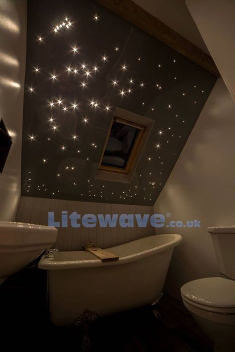 Slanted Ceiling Bathroom, Fiber Optic Ceiling, Ideas For Bathrooms, Starry Ceiling, Star Lights On Ceiling, Fiber Optic Lighting, Globe Ceiling Light, Slanted Ceiling, Star Ceiling