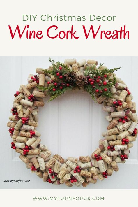 Turn your saved wine corks into a festive Christmas wreath! We've crafted a beautiful wine cork wreath!  This simple yet stunning craft not only serves as a fun activity, but also as a great addition to your holiday decorations. Plus, if you haven't been saving wine corks, no worries! They can be readily purchased. So why wait? Start crafting your own wine cork wreath for a more personalized holiday décor.
#DIYChristmasDecor #WineCorkWreath #ChristmasWreath #WineCork #MyTurnforUs Wine Cork Crafts Christmas, Cork Diy Projects, Cork Crafts Christmas, Wine Cork Wreath, Wine Cork Diy Crafts, Cork Wreath, Wine Cork Projects, Wine Cork Ornaments, Cork Crafts Diy