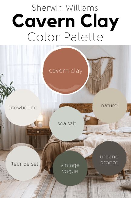 Wall Colors For Boho Living Room, Best Earthy Paint Colors, Sw Boho Paint Colors, Boho Wall Art Living Room Paint, Earthy Boho Color Scheme, Room By Room Color Palette, Sw Cavern Clay Bedroom, Living Room With Terracotta Accents, Cozy Home Color Pallete