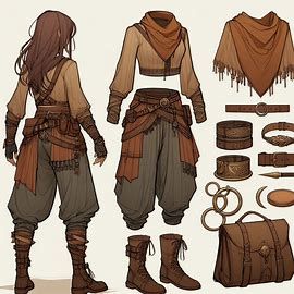 digital art style, casual warrior outfit design for a woman in dnd universe, loose pants, earthy colors, brass accessories, outfit design sheet - Image Creator from Microsoft Designer Medieval Woman Outfit, Fantasy Adventuring Outfit, Fantasy Clothing Pirate, Adventuring Outfit Dnd, Medival Warrior Outfits, Earthy Fantasy Outfits, Outfit Fantasy Design, Dnd Oc Outfit, Dnd Cosplay Ideas