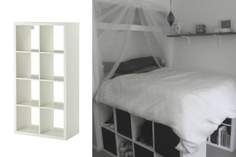 I found a lot of ideas for the KALLAX bedframe I would like to try. But for more storage, I would like to use the bigger KALLAX (2x4 instead of 1x4). I haven't found many hacks for that -- would you say it is possible to build this free-standing with some support or is the double-KALLAX too unstable for a Kingsize bed? Ikea Hack Lit, Raised Beds Bedroom, Ikea Loft, Raised Bed Frame, Ikea Loft Bed, Ikea Bed Hack, Storage Hacks Bedroom, Closet Ikea, Diy Storage Bed