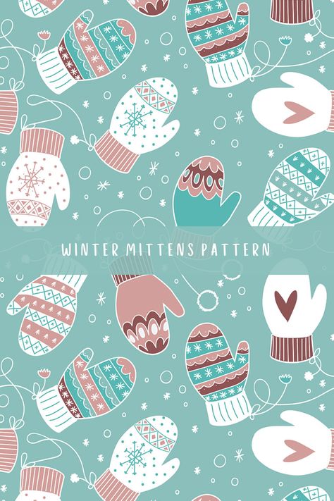 Cozy Winter Mittens Pattern Collection Mitten Art, Winter Motifs, Dark Green Pattern, Christmas Mittens, Winter Patterns, Fabric Home Decor, Watercolor Winter, Nordic Print, Winter Mittens