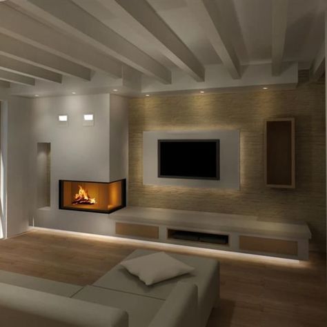 16 Idee per Scegliere il Termocamino Migliore per la Casa | homify Fireplace Modern Design, Living Room Decor Fireplace, Corner Fireplace, Open Living Room, Home Fireplace, Living Room Tv Wall, Modern Fireplace, Modern Bedroom Design, Wallpaper Living Room