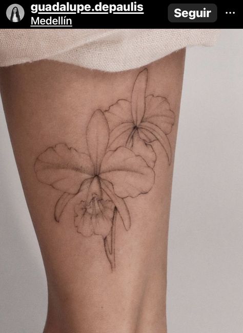 Cataleya Flower Tattoo Design, Orchid Tattoo Leg, Catalaya Orchid Tattoos, Cattleya Trianae Orchid Tattoo, Bayahibe Rose Tattoo, Guaria Morada Tattoo, Cattleya Flower Tattoo, Cattleya Orchid Drawing, Cattleya Orchid Tattoo