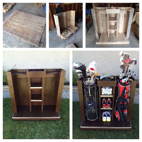 Golf Bag Storage, Diy Golf, Golf Room, Golf Push Cart, Golf Diy, Golf Decor, Recycled Pallets, Golf Bag, Diy Garage