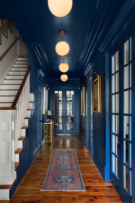 Pantone's Color of the Year | Classic Blue — Scout & Nimble Deco Spa, Blue Hallway, Classic Blue Pantone, Monochromatic Room, Ceiling Paint, Shingle Colors, Blue Ceilings, Dark Paint, Small Entryways