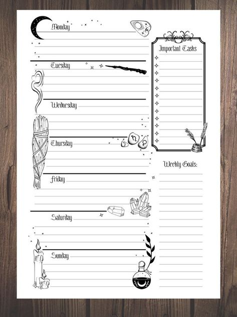 Witchy Printables Journal Pages, Witchy Weekly Planner, Witchy Journal Ideas, Witchy Bullet Journal, Books Bullet Journal, Witch Planner, Witchy Planner, Weekly Planner Sheets, Weekly Planner Print