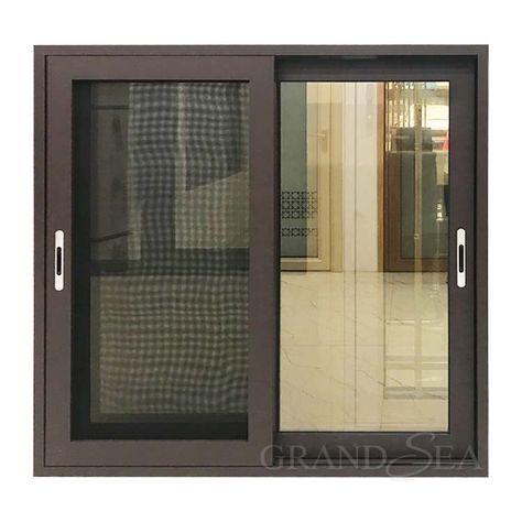 Brown aluminum sliding window frame doing the powder coated brown coffee color, and glass use double brown tinted tempered glass. The window frame using 3 tracks sliding frame can put glass sash and security mesh sash together. Making the house decorative and safe to live in. 3 Track Sliding Window, Window Grill Color Ideas, Mesh Window Design, Aluminum Sliding Window Design, Brown Aluminium Windows, Slider Window Designs, Sliding Windows Ideas Modern, Window Colours Ideas, Brown Window Frames