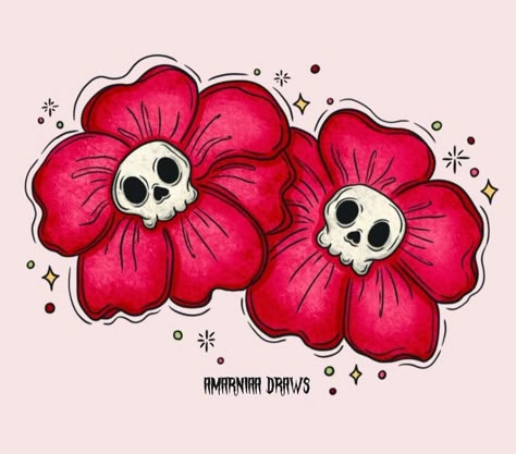 Kawaii Skull Tattoo, Skull Drawings With Flowers, Spooky Kawaii Tattoo, Spooky Halloween Drawings Ideas, Paint Doodles Simple, Day Of The Dead Drawings Easy, Halloween Flowers Drawing, Goth Flower Drawing, Spooky Flowers Drawing