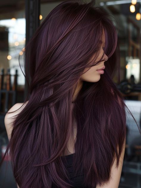 Brunette Lilac Hair, Dark Plum Balayage Hair, Purple Plum Hair Color, Violet Dark Hair, Chocolate Brown Hair With Purple, Fun Hair Color Ideas For Brunettes Purple Red Highlights, Mohagony Hair Balayage, Dark Hair With Purple Undertones, Ombre Hair Color Purple